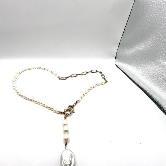 Pearl and Paperclip Chain Necklace Double Señorita Clasp GoldTone Long Lariat - Picture 12 of 15